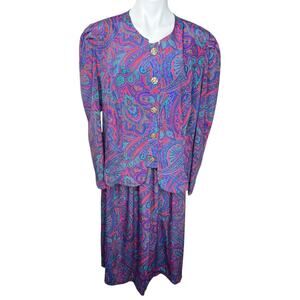 Vintage 80s colorful paisley skirt suit jacket set plus size 18